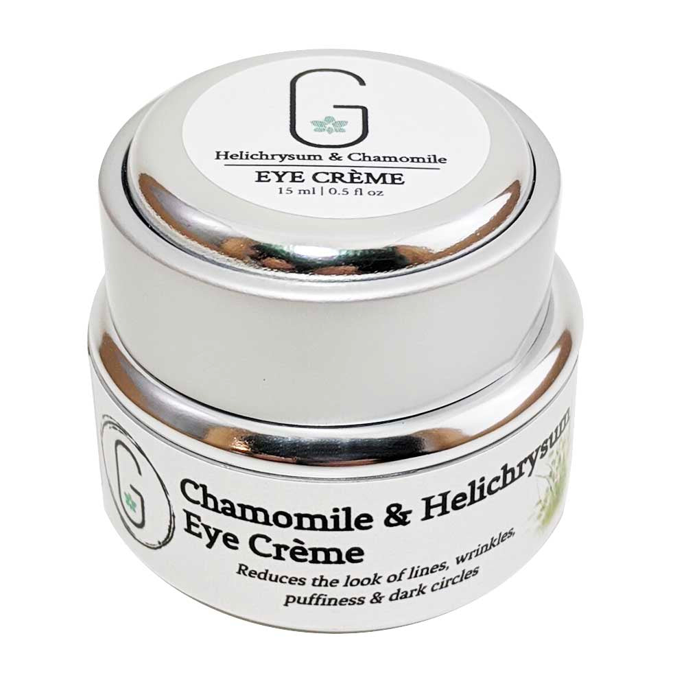 Eye Cream - Chamomile & Helichrysum Front 15ml glowing orchid organics anti-flammatory, firms, tightens and tones skin around the eye