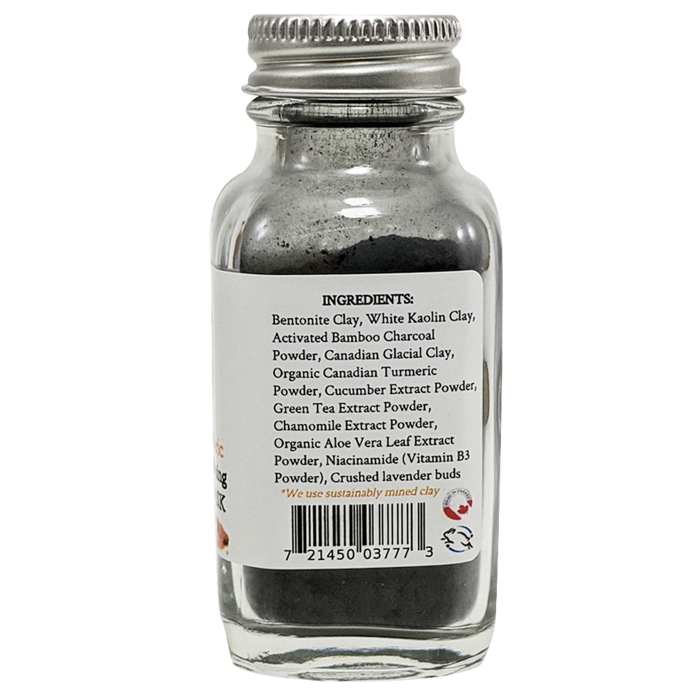 Charcoal & Turmeric (Clarifying & Brightening) Facial Clay Mask in Glass Bottle (40 g | 0.85 oz) Front Glowing Orchid Organics