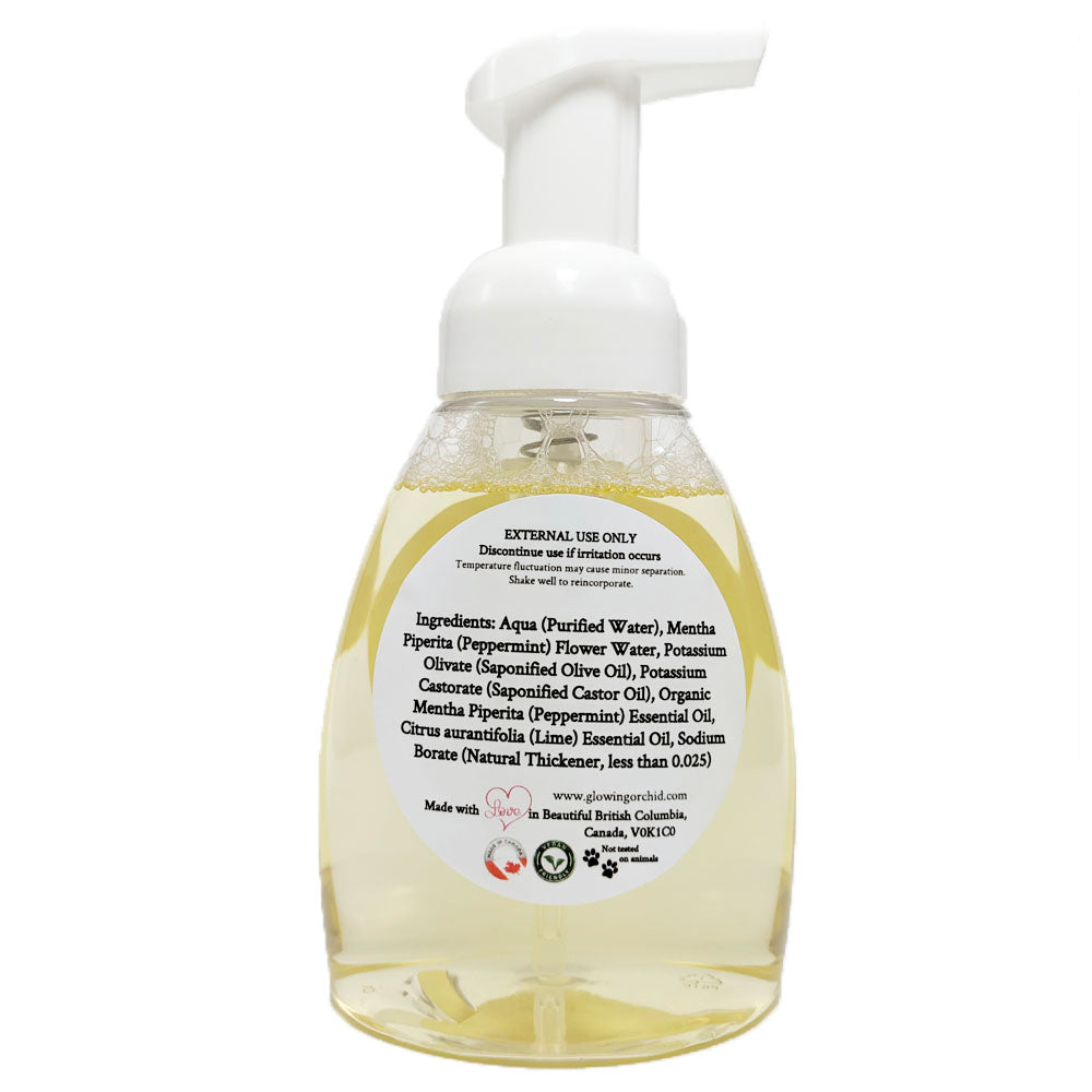 100% Natural Foaming Hand Soap Peppermint & Lime (250 ml) Front Glowing Orchid Organics