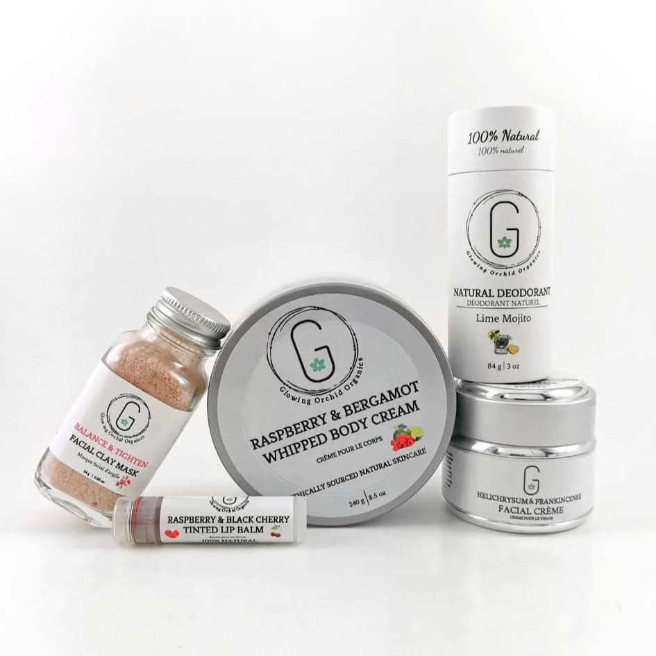 Raspberry Bergamot Whipped Body Cream, Balance & Tighten Facial Clay mask, Raspberry & Black Cherry tinted lip balm, Lime Mojito Original Formula Natural Deodorant, Helichrysum and frankincense Facial cream, 100% Natural Vegan Glow Bundle Glowing Orchid Organics