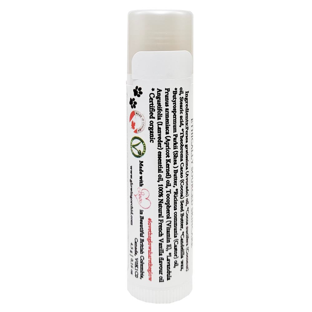 100% Natural Lavender & Vanilla Lip Balm Front Glowing Orchid Organics