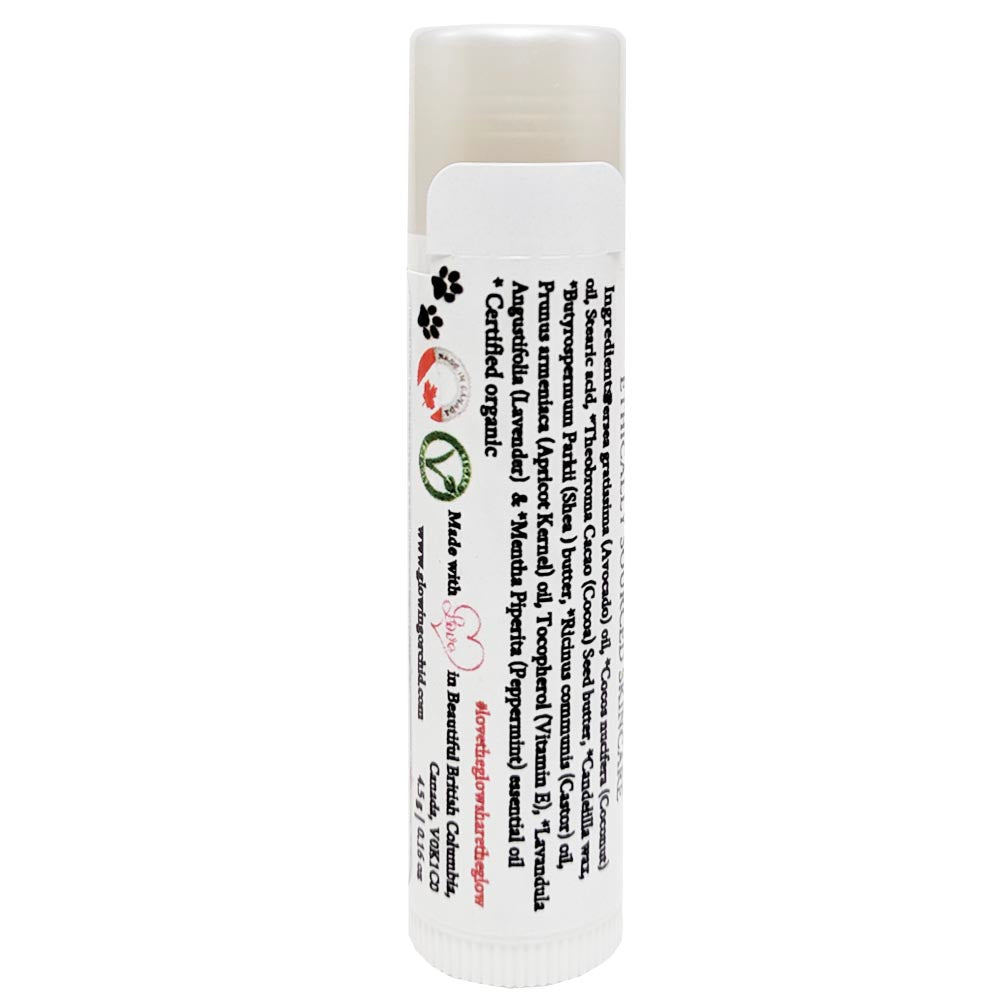 100% Natural Peppermint & Lavender Lip Balm Front Glowing Orchid Organics