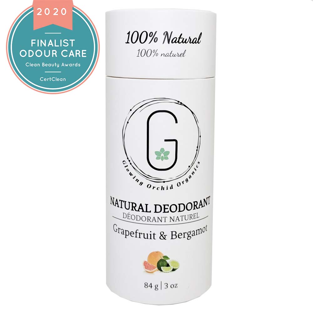 100% Natural Vegan Grapefruit & Bergamot Deodorant in Plastic free, Biodegradable Paper Tube Container Regular Size Front (84 g | 3 oz) Glowing Orchid Organics Clean Beauty Award 2020 Best Odour Care