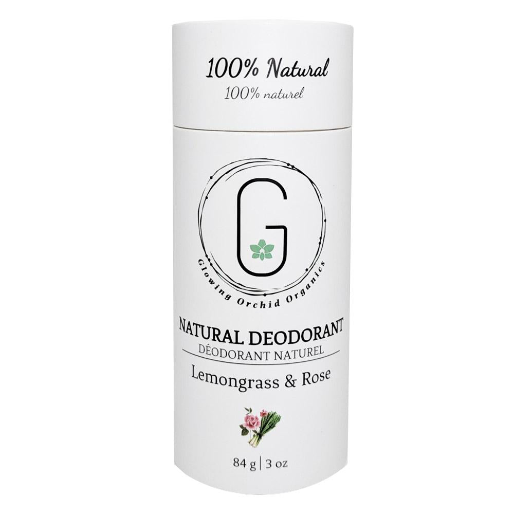 100% Natural Vegan Lemongrass & Rose Deodorant in Plastic free, Biodegradable Paper Tube Container Regular Size Front (84 g | 3 oz) Glowing Orchid Organics