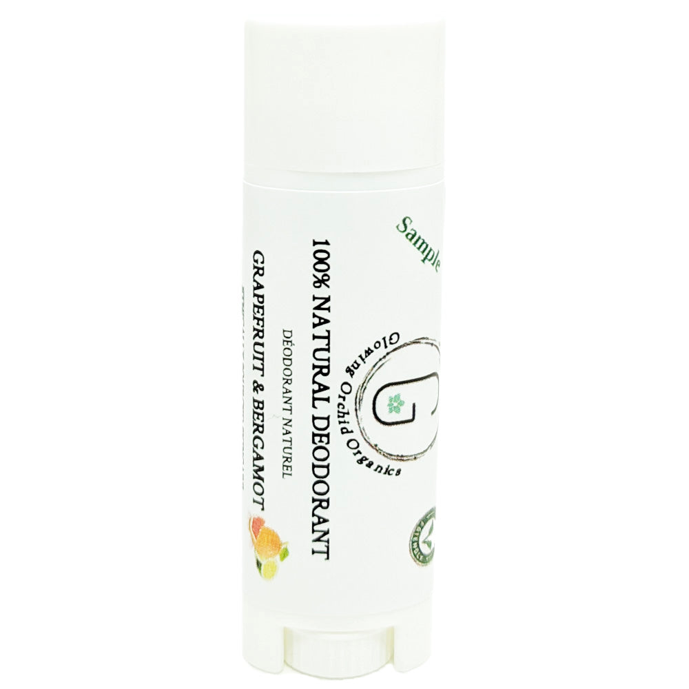 100% Natural Vegan Grapefruit & Bergamot Deodorant in Plastic Recyclable Tube Container Sample Size Front (7 g | 0.25 oz) Glowing Orchid Organics