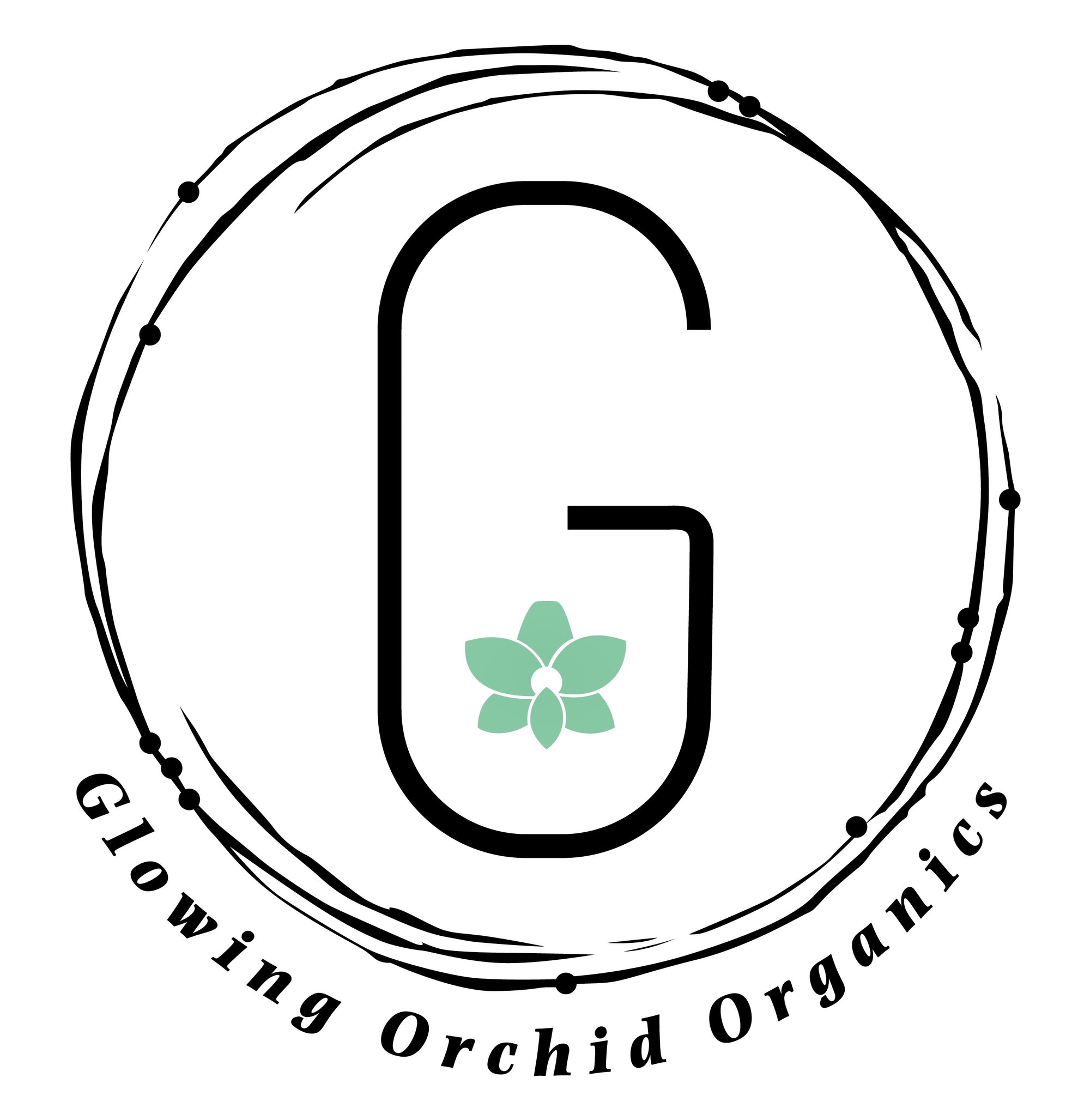 Glowing Orchid Organics Favicon Capital G with Teal Orchid in the center enveloped in circular artwork and cradled by company name 2020