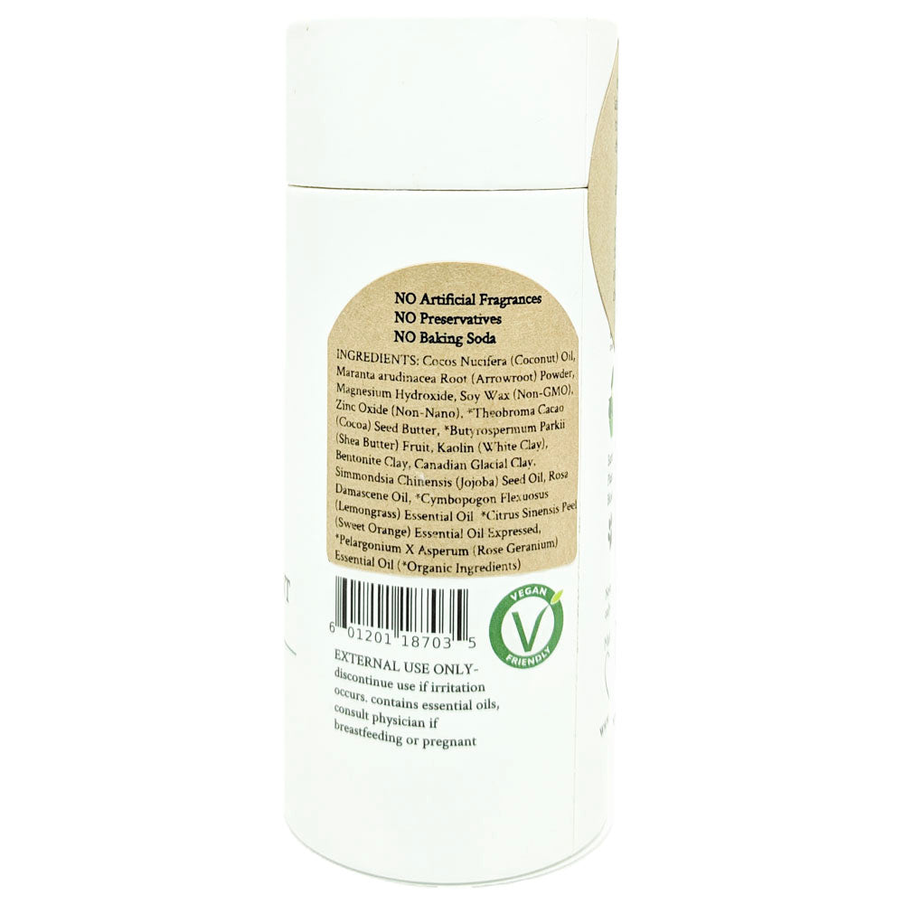 100% Natural Vegan Lemongrass & Rose Baking Soda Free Deodorant in Plastic free, Biodegradable Paper Tube Container Back Ingredients (84 g | 3 oz) Glowing Orchid Organics