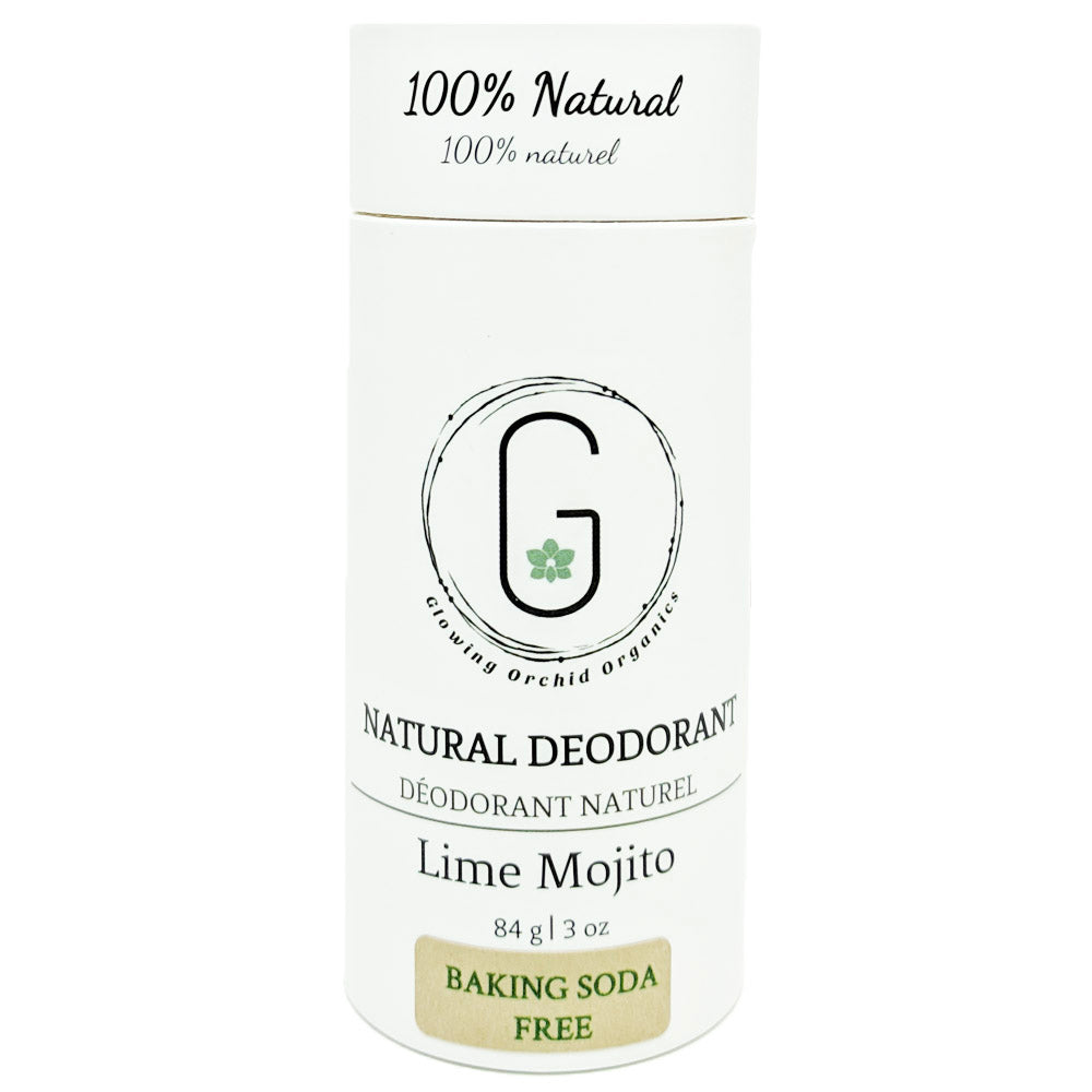 100% Natural Vegan Lime Mojito Baking Soda Free Deodorant in Plastic Recyclable Tube Container Regular Size Front (84 g | 3 oz) Glowing Orchid Organics
