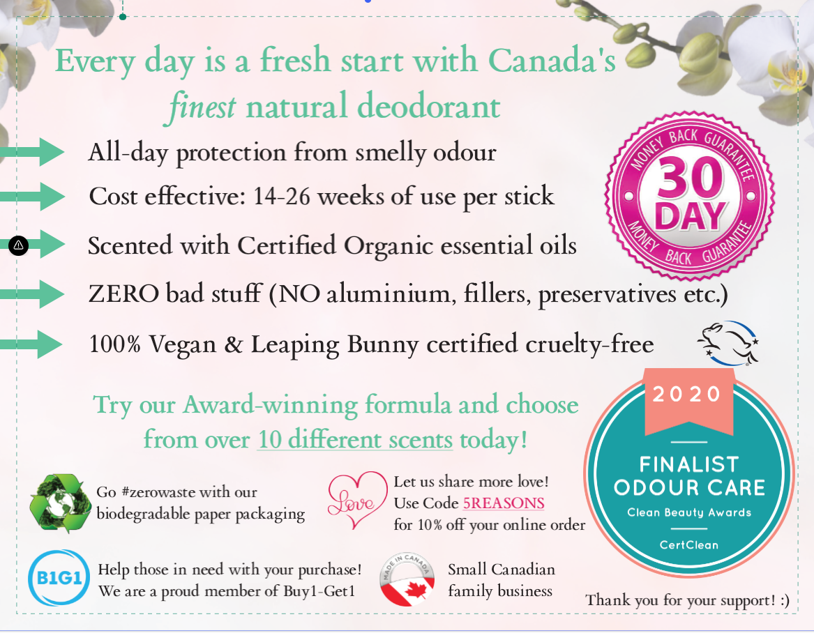 Glowing Orchid Organics Deodorant Postcard Front side 30 day money back guarantee Odour care finalist 2020 Zerowaste