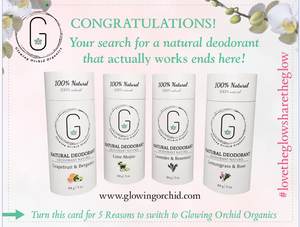 Glowing Orchid Organics Deodorant Postcard Front side 30 day money back guarantee Odour care finalist 2020 Zerowaste