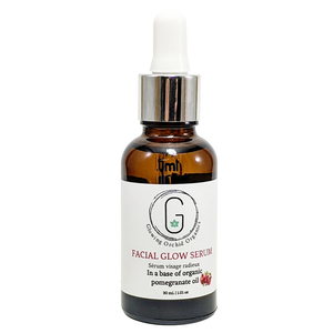 Evening Glow Facial Serum Glowing Orchid Organics 30 ml | 1.01 oz Vegan Cruelty Free with Pomegranate seed oil in Amber bottle with silver Dropper Glowing Orchid Organics