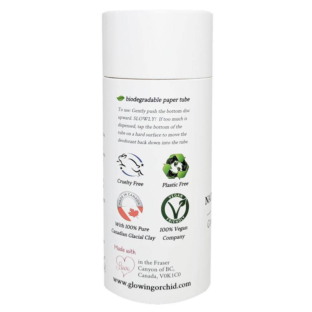 100% Natural Vegan Grapefruit & Bergamot Deodorant in Plastic free, Biodegradable Paper Tube Container Backing Soda Free Regular Size Front (84 g | 3 oz) Glowing Orchid Organics