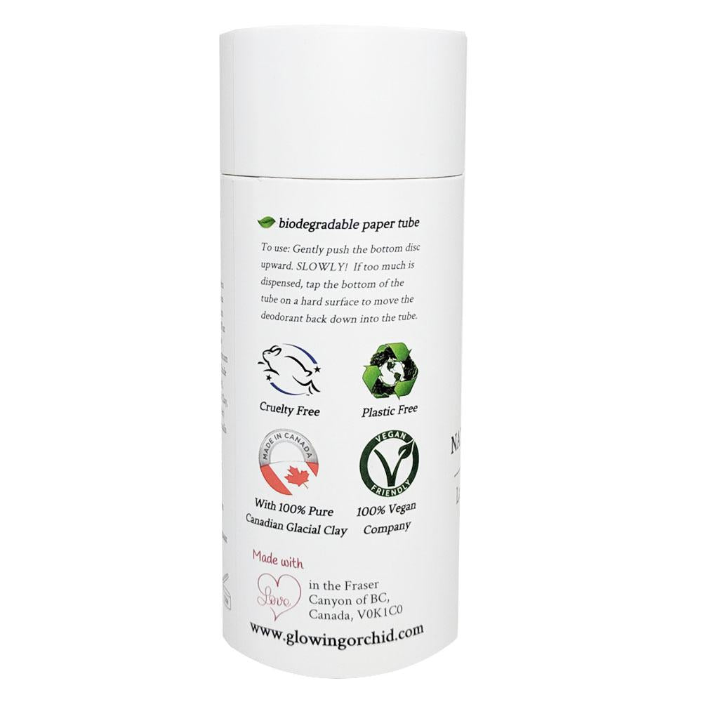 100% Natural Vegan Lemongrass & Rose Deodorant in Plastic free, Biodegradable Paper Tube Container Regular Size Front (84 g | 3 oz) Glowing Orchid Organics