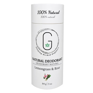 100% Natural Vegan Lemongrass & Rose Deodorant in Biodegradable Paper Tube Container Regular Size Front (84 g | 3 oz) Glowing Orchid Organics