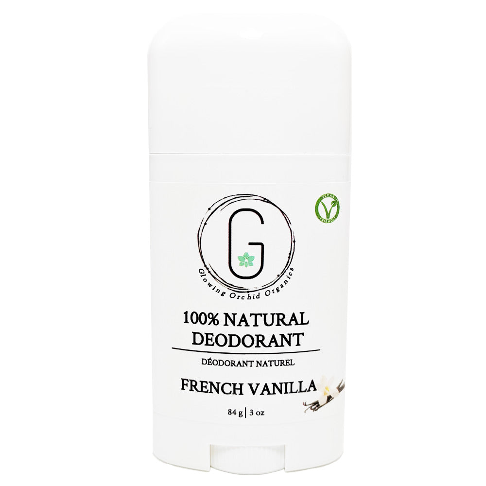 100% Natural Vegan French Vanilla Deodorant in Plastic Tube Container Regular Size Front (84 g | 3 oz) Glowing Orchid Organics