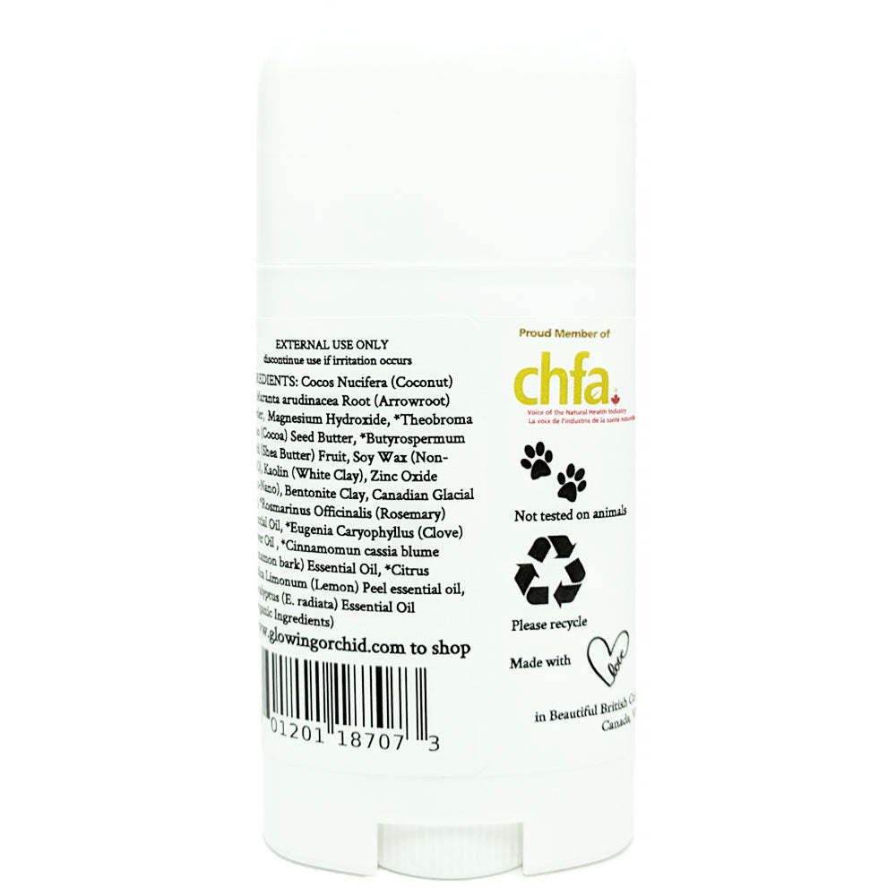 100% Natural Vegan Immuno Defense Baking Soda Free Deodorant in Plastic Tube Container Regular Size Back Ingredients (84 g | 3 oz) Glowing Orchid Organics