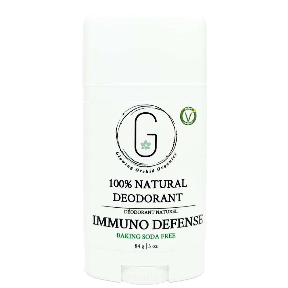 100% Natural Vegan Immuno Defense Baking Soda Free Deodorant in Plastic Tube Container Regular Size Front (84 g | 3 oz) Glowing Orchid Organics