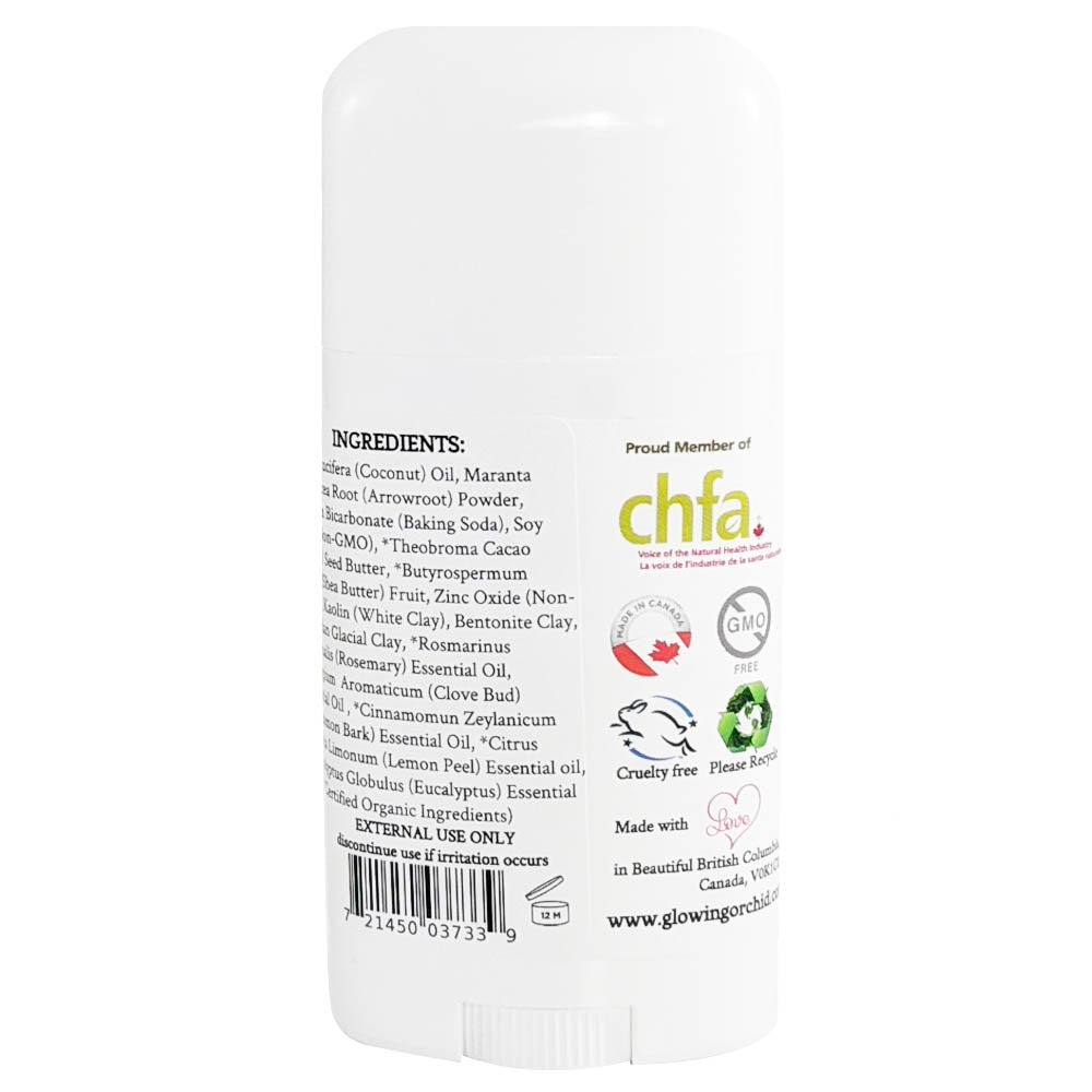 100% Natural Vegan Immuno Defense Deodorant in Plastic Tube Container Regular Size Back Ingredients (84 g | 3 oz) Glowing Orchid Organics