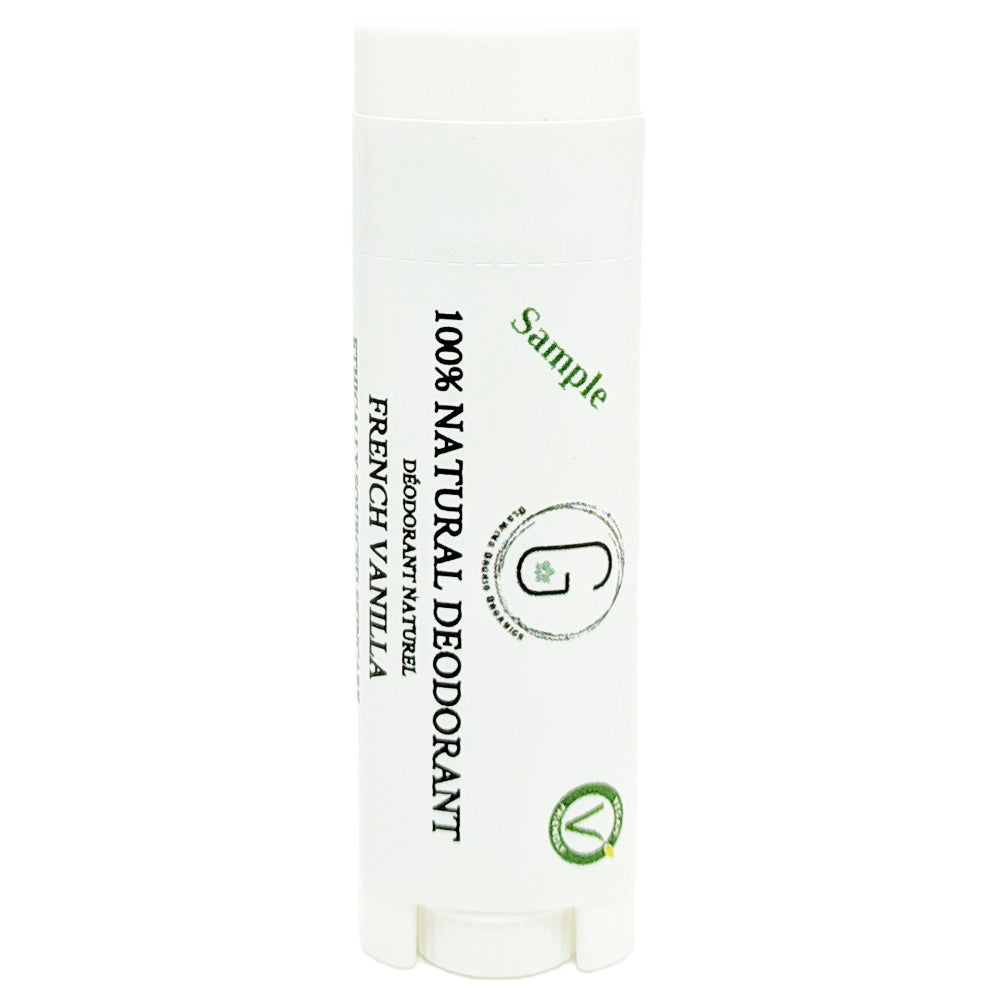 100% Natural Vegan French Vanilla Deodorant in Plastic Recyclable Tube Container Sample Size Front (7 g | 0.25 oz) Glowing Orchid Organics