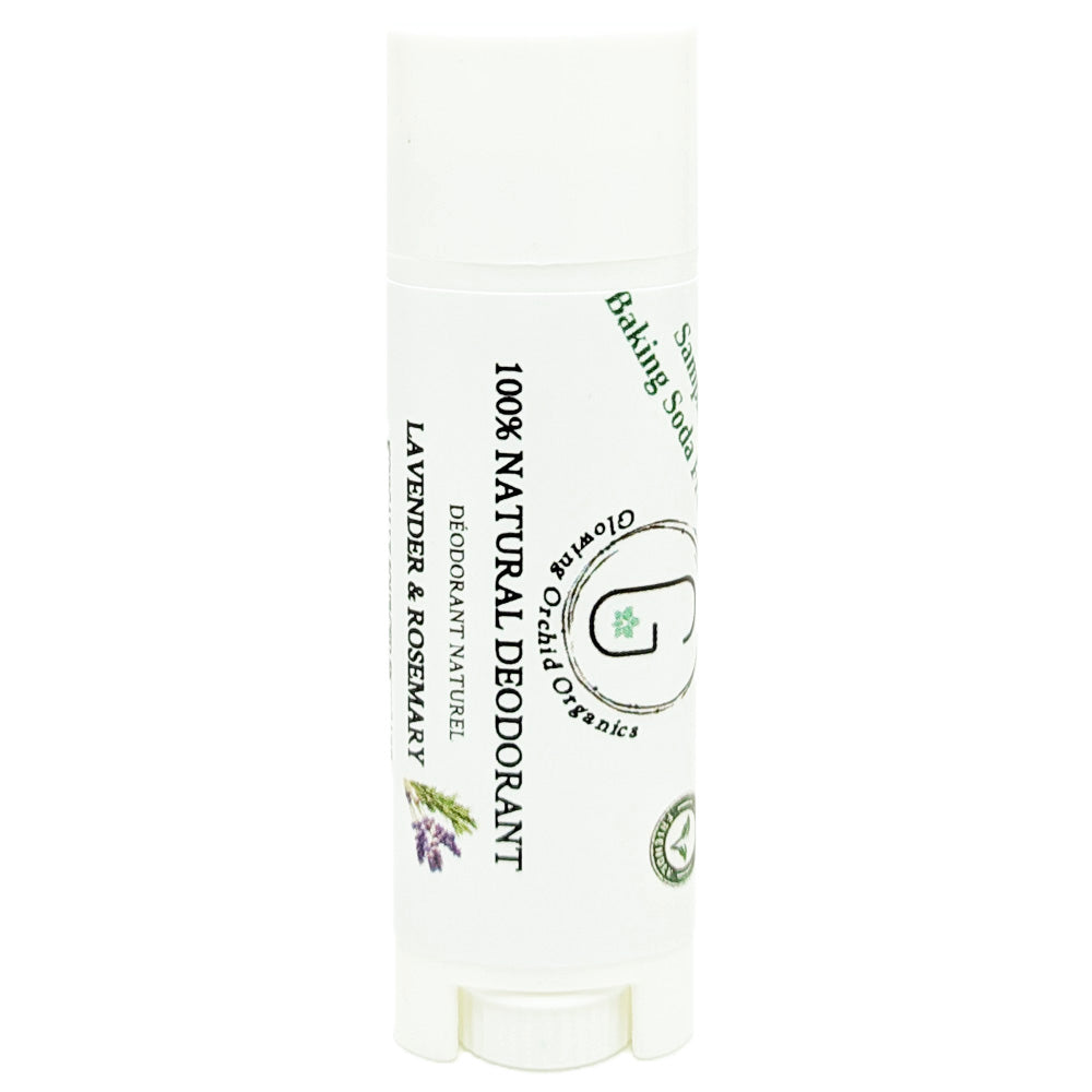 100% Natural Vegan Lavender & Rosemary Baking Soda Free Deodorant in Plastic Recyclable Tube Container Sample Size Front (7 g | 0.25 oz) Glowing Orchid Organics