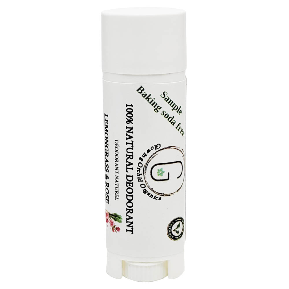 100% Natural Vegan Lemongrass & Rose Baking Soda Free Deodorant in Plastic Recyclable Tube Container Sample Size Front (7 g | 0.25 oz) Glowing Orchid Organics