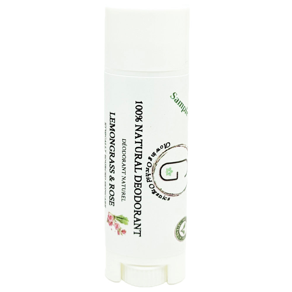 100% Natural Vegan Lemongrass & Rose Deodorant in Plastic Recyclable Tube Container Sample Size Front (7 g | 0.25 oz) Glowing Orchid Organics