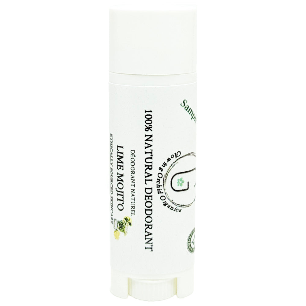 100% Natural Vegan Lime Mojito Deodorant in Plastic Recyclable Tube Container Sample Size Front (7 g | 0.25 oz) Glowing Orchid Organics
