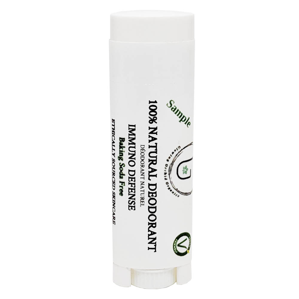 100% Natural Vegan Immuno Defense Baking Soda Free Deodorant in Plastic Recyclable Tube Container Sample Size Front (7 g | 0.25 oz) Glowing Orchid Organics