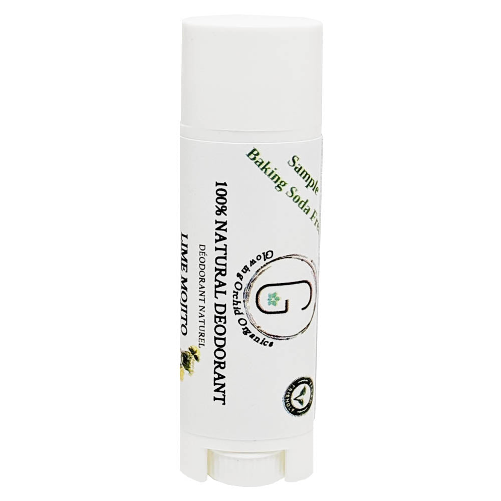 100% Natural Vegan Lime Mojito Baking Soda Free Deodorant in Plastic Recyclable Tube Container Sample Size Front (7 g | 0.25 oz) Glowing Orchid Organics