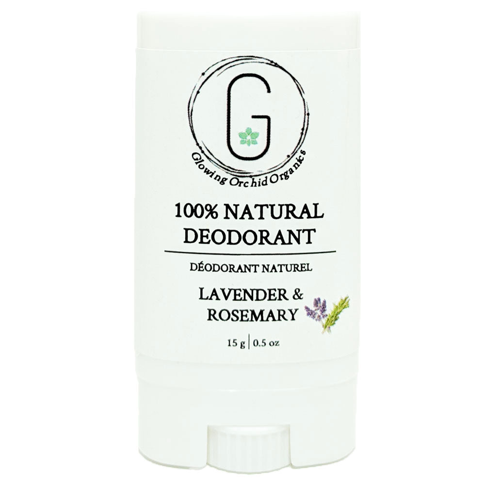 100% Natural Vegan Lavender & Rosemary Deodorant in Plastic Recyclable Tube Container Travel Size Front (15 g | 0.5 oz) Glowing Orchid Organics