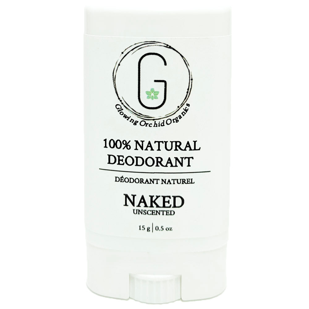 100% Natural Vegan Unscented Naked Deodorant in Plastic Recyclable Tube Container Travel Size Front (15 g | 0.5 oz) Glowing Orchid Organics