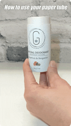 100% Natural Vegan Grapefruit & Bergamot Deodorant in Plastic free, Biodegradable Paper Tube Container Regular Size - How To Use Explainer GIF Video Glowing Orchid Organics