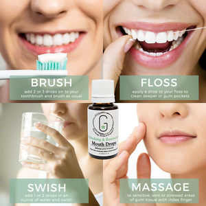 How to use our refreshing and restorative mouth drops glowing orchid organics organic essential oils, use with brushing, flossing, swishing, massaging